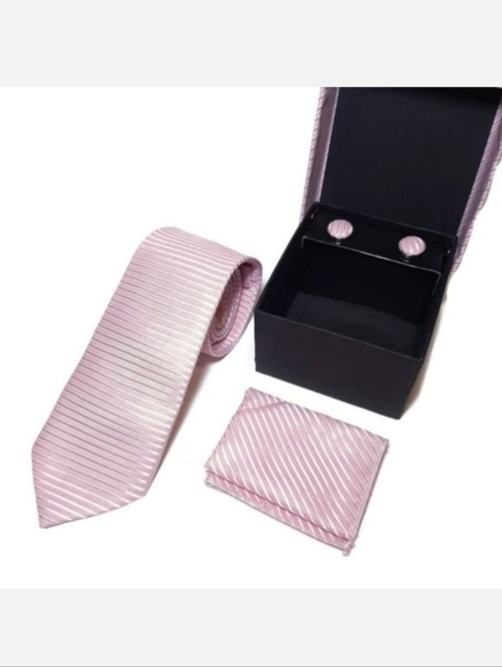 NEW Mens Pink 3 Pc Boxed Tie Set Coordinated Print Cuff Links Pocket Square Gift